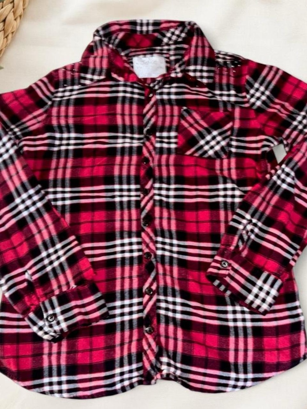 Justice 16 Girls Red White Long Sleeve Plaid Flannel Bedazzled Button Up